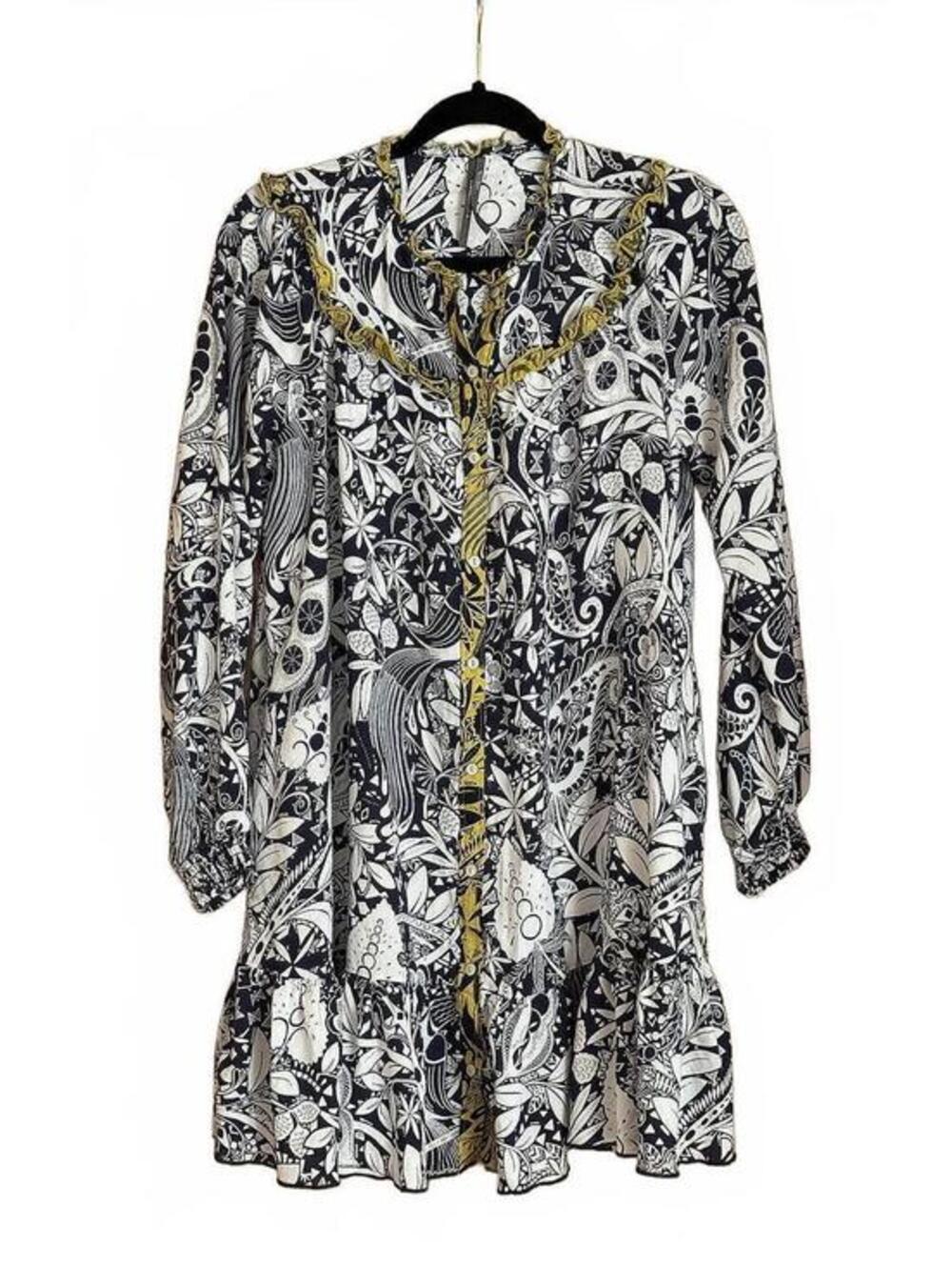 Anthropologie Blue and White Floral Button-Down Dress with Yellow Trim